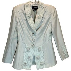 VTG Anya Women’s Light Mint Long Line Ornately Embellished Silk Blazer - Size 6